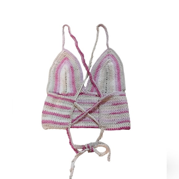 Crochet Cropped Halter Top Womens Medium Boho 90s Y2K Festival Balletcore Barbie - Picture 2 of 2